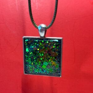 Handmade Resin Pendant Necklace – Square Black with Iridescent Glitter, Adjustab
